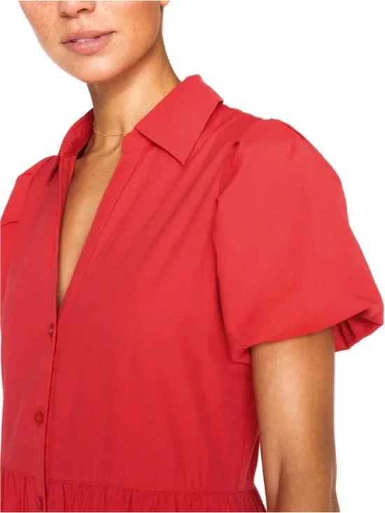 Brochu Walker Red Button-Front Tiered Midi Dress with Puff Sleeves - Picture 2 of 7